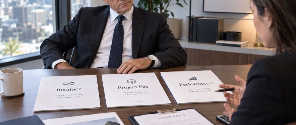 Business executive comparing agency retainer, project fee and performance pricing proposals at a meeting table