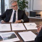 Business executive comparing agency retainer, project fee and performance pricing proposals at a meeting table