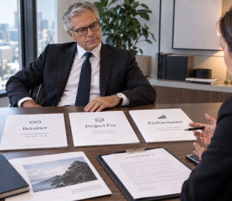 Business executive comparing agency retainer, project fee and performance pricing proposals at a meeting table