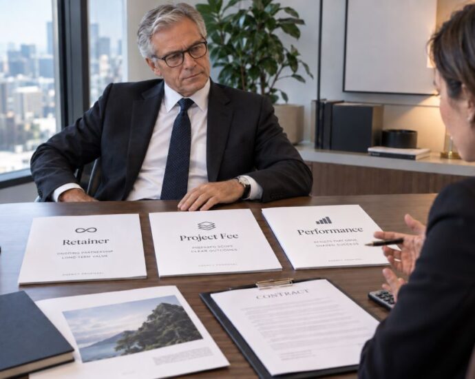 Business executive comparing agency retainer, project fee and performance pricing proposals at a meeting table