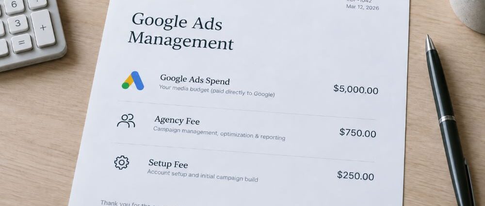 Google Ads management fees in 2026 showing agency pricing and ad spend