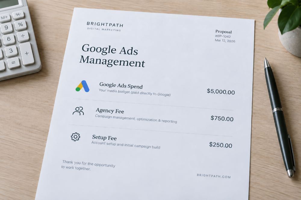 Google Ads management fees in 2026 showing agency pricing and ad spend