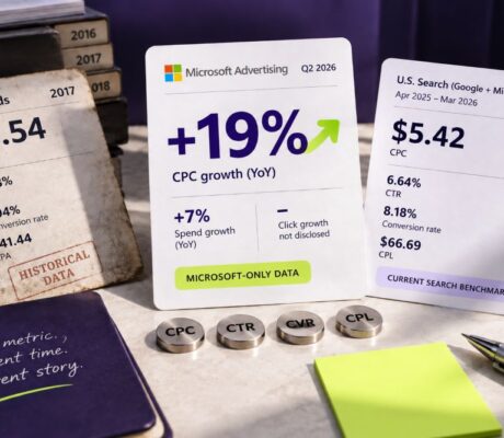 Microsoft Advertising benchmarks showing CPC, CTR and conversion data in 2026
