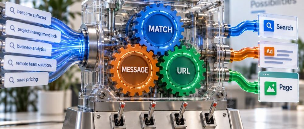 Microsoft AI Max for Search campaigns showing query matching, ad text and landing-page routing