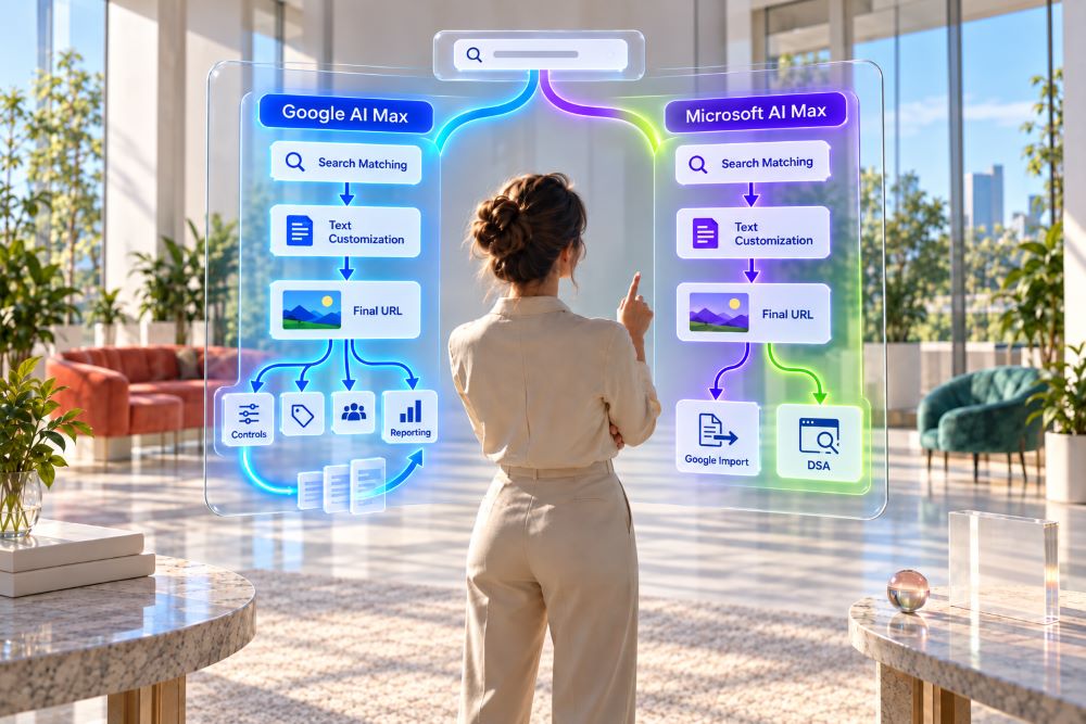 Microsoft AI Max vs Google AI Max comparison for Search campaign matching, controls and reporting