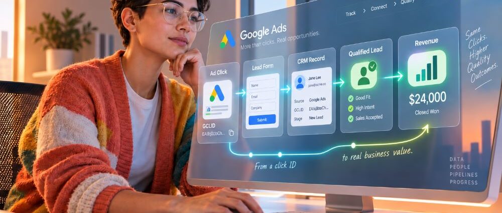 Marketer tracking Google Ads lead quality from ad click and CRM record to qualified lead and revenue