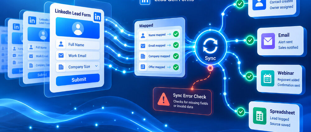 LinkedIn Lead Gen Forms integration workflow showing field mapping, CRM synchronization, email notifications, webinar registration, and sync error checks.