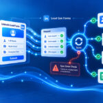 LinkedIn Lead Gen Forms integration workflow showing field mapping, CRM synchronization, email notifications, webinar registration, and sync error checks.