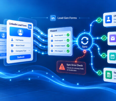 LinkedIn Lead Gen Forms integration workflow showing field mapping, CRM synchronization, email notifications, webinar registration, and sync error checks.