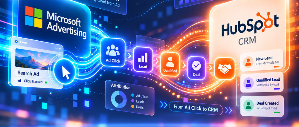 Microsoft Advertising HubSpot integration showing ad clicks, lead attribution, qualified leads, and CRM deal tracking.
