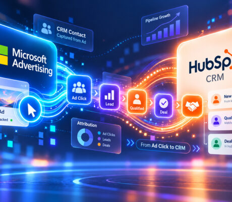 Microsoft Advertising HubSpot integration showing ad clicks, lead attribution, qualified leads, and CRM deal tracking.