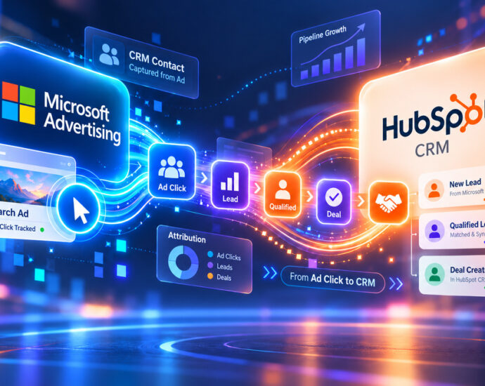 Microsoft Advertising HubSpot integration showing ad clicks, lead attribution, qualified leads, and CRM deal tracking.
