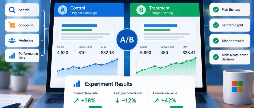 Microsoft Advertising optimization experiments comparing control and treatment campaigns, performance metrics, and A/B testing results.