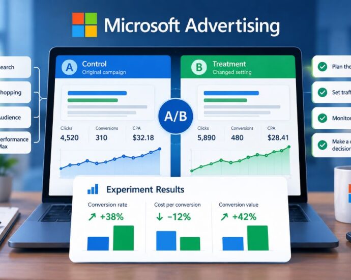 Microsoft Advertising optimization experiments comparing control and treatment campaigns, performance metrics, and A/B testing results.
