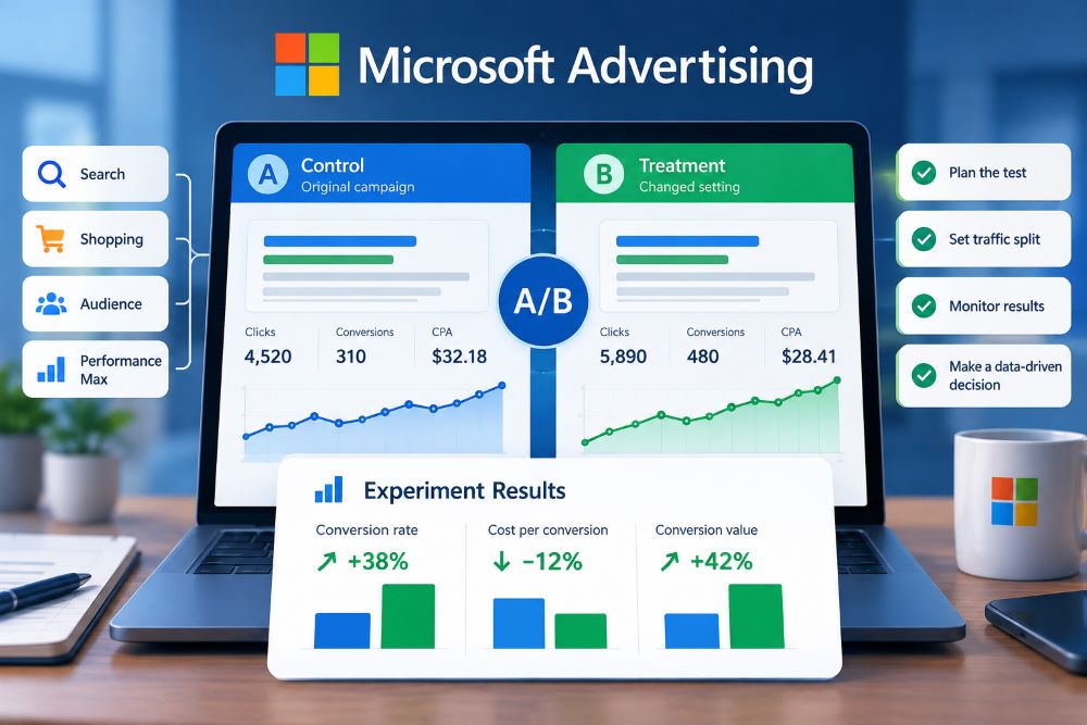 Microsoft Advertising optimization experiments comparing control and treatment campaigns, performance metrics, and A/B testing results.