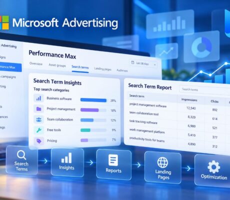 Microsoft Advertising Performance Max search term reporting with Search Term Insights, query analysis, and campaign optimization workflow.