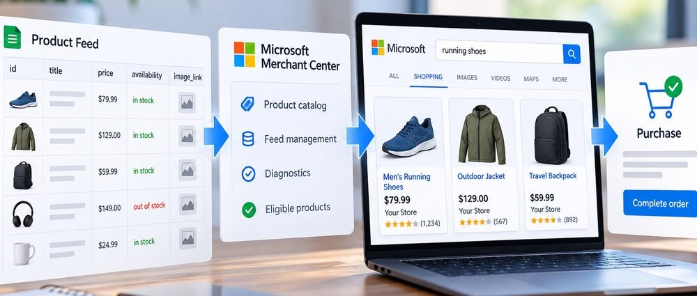 Microsoft Shopping campaigns workflow from product feed to Product Ads and ecommerce sales
