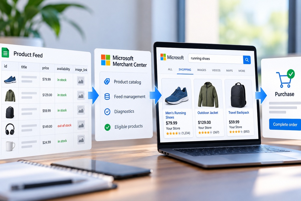 Microsoft Shopping campaigns workflow from product feed to Product Ads and ecommerce sales