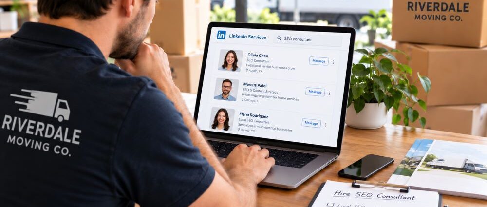 SEO consultant selection on LinkedIn for a new moving company