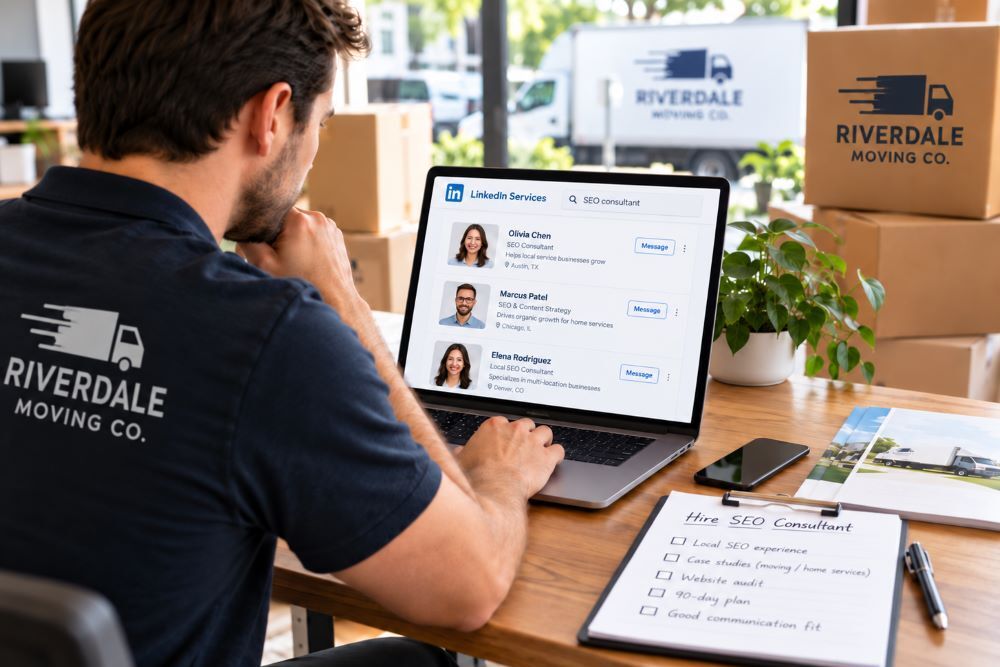 SEO consultant selection on LinkedIn for a new moving company